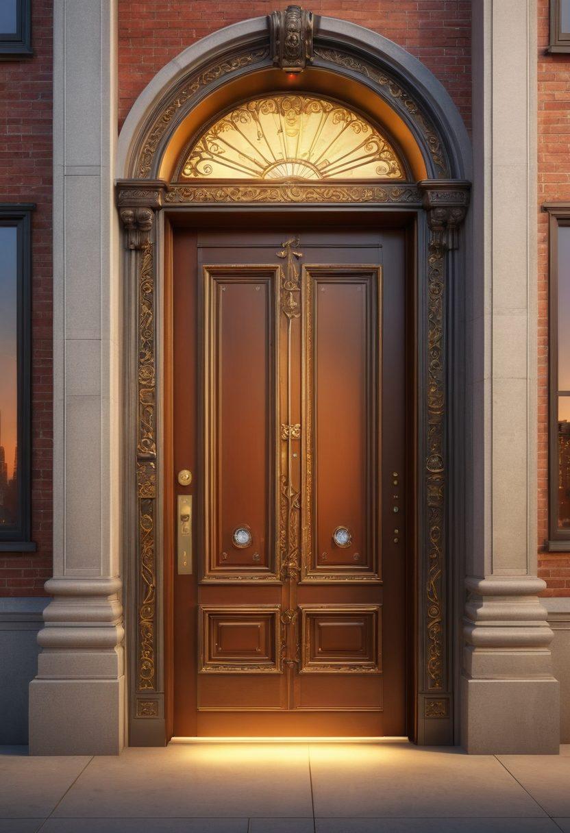 A symbolic representation of a large, ornate door slightly ajar, with a bright light shining through, revealing various administrative tools like a laptop, calendar, and headset. Diverse, happy office workers on the side, looking eager and ready to step through. A background of a modern office skyline enhances the sense of opportunity. vibrant colors. super-realistic.