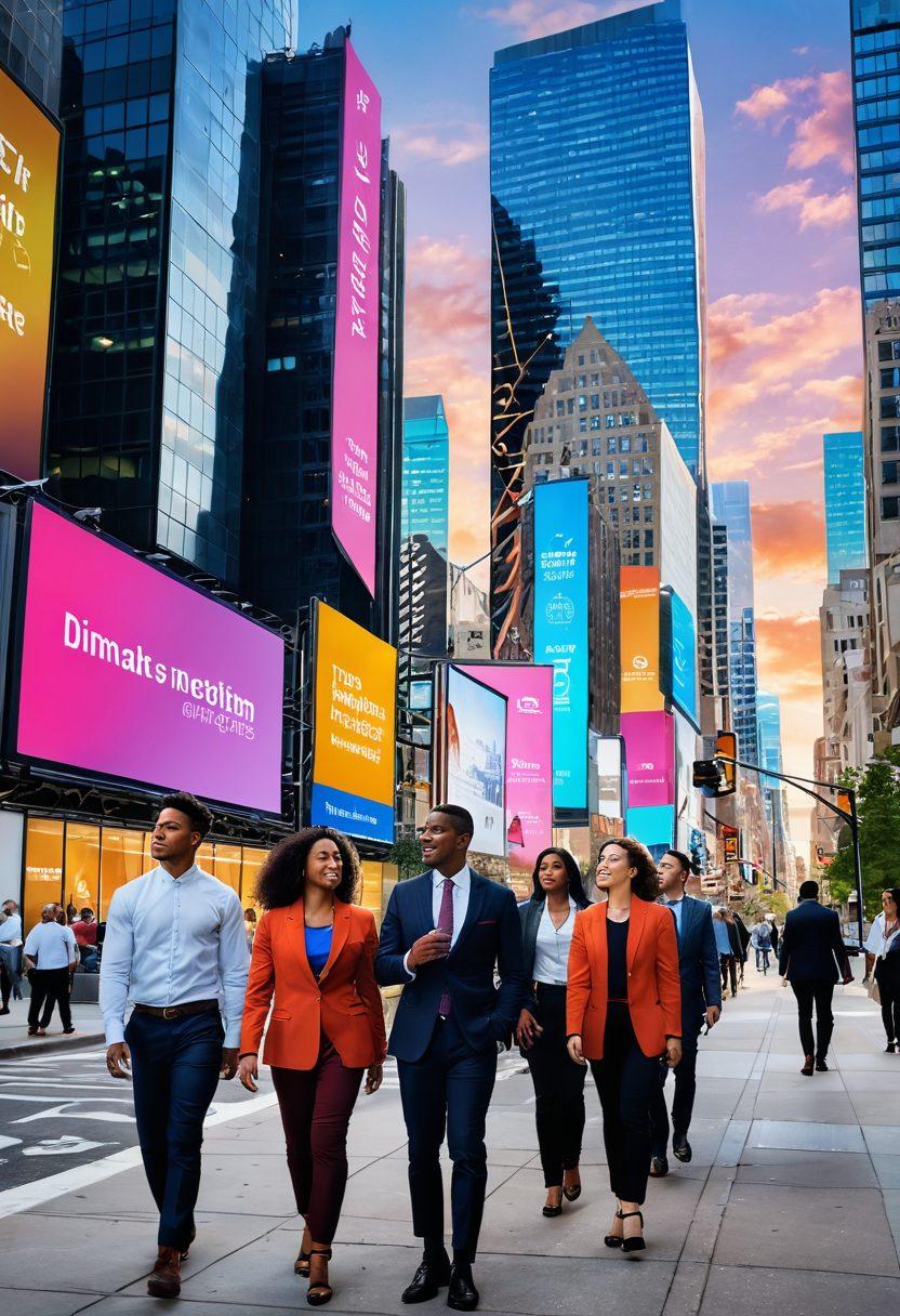 A diverse group of professionals exploring a vibrant cityscape filled with job listings on billboards and digital screens, while a path of upward arrows symbolizes career growth. The scene showcases varied ethnicities and genders, emphasizing inclusivity in the administrative field. Soft light filters through skyscrapers, creating an inspiring atmosphere. super-realistic. vibrant colors. dynamic composition.