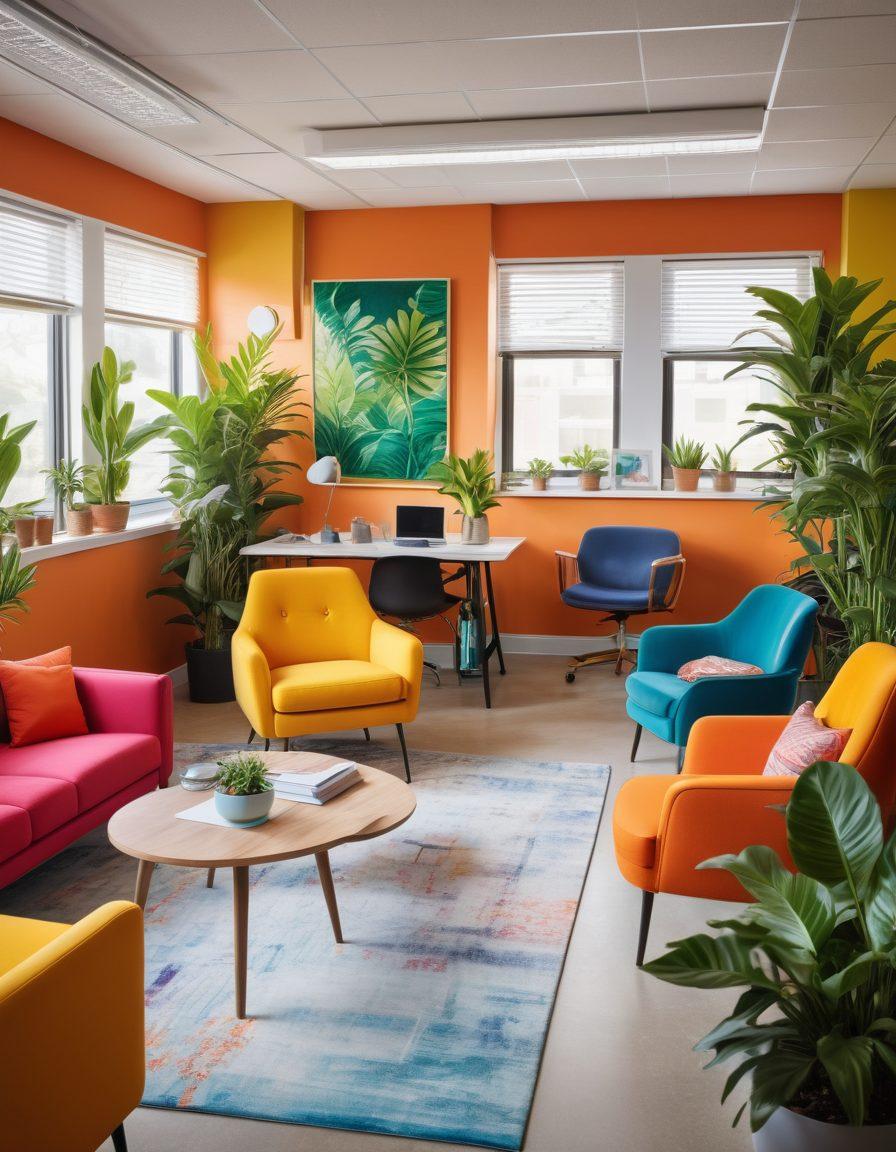 A bright and inviting office space filled with diverse professionals collaborating joyfully, showcasing various office support roles. Vivid expressions of happiness and teamwork are highlighted, with elements like plants, colorful furniture, and motivational posters. Include a sense of inclusivity and diversity in the workforce, creating a positive and uplifting atmosphere. modern design. vibrant colors. super-realistic.